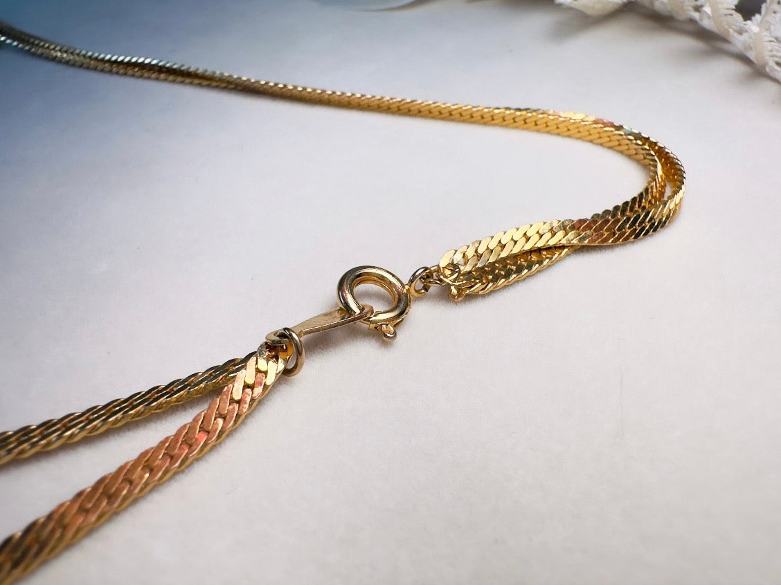 Vintage Herringbone Chain Necklace, Double Strand Long Station Necklace with Cream Pearls 