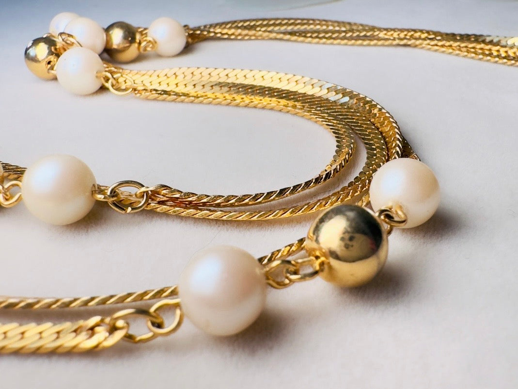 Vintage Herringbone Chain Necklace, Double Strand Long Station Necklace with Cream Pearls 