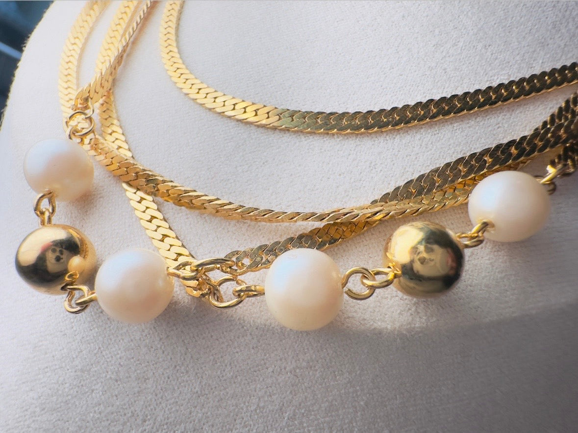 Vintage Herringbone Chain Necklace, Double Strand Long Station Necklace with Cream Pearls 