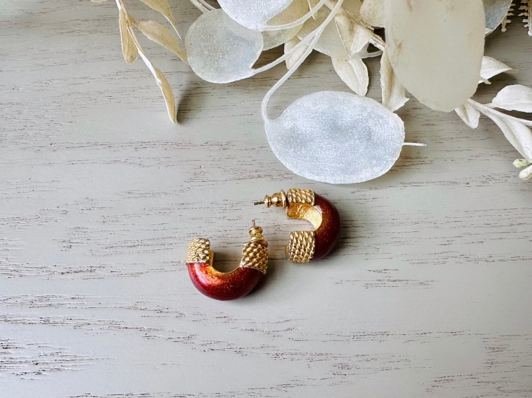 Vintage Half Hoop Earrings, Pearlized Bronze Enamel and Gold Huggie Hoop Pierced Earrings with Gold Rope Detail 80s Mogul Style Hoop Earring from Piggle and Pop