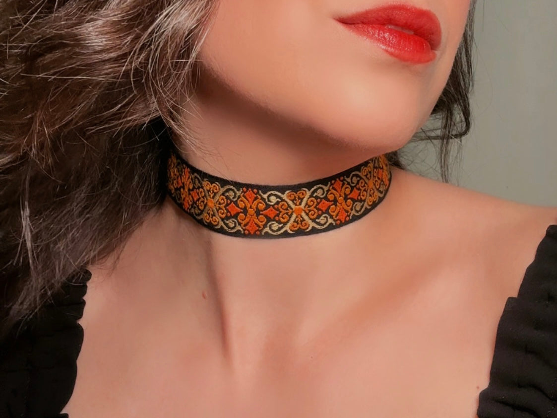 Vintage Jacquard Ribbon Choker, Handmade Black Velvet and Orange Celtic Cross Double Sided Reversible Victorian Fabric Necklace