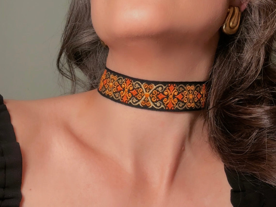 Vintage Jacquard Ribbon Choker, Handmade Black Velvet and Orange Celtic Cross Double Sided Reversible Victorian Fabric Necklace