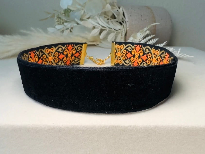 Vintage Jacquard Ribbon Choker, Handmade Black Velvet and Orange Celtic Cross Double Sided Reversible Victorian Fabric Necklace