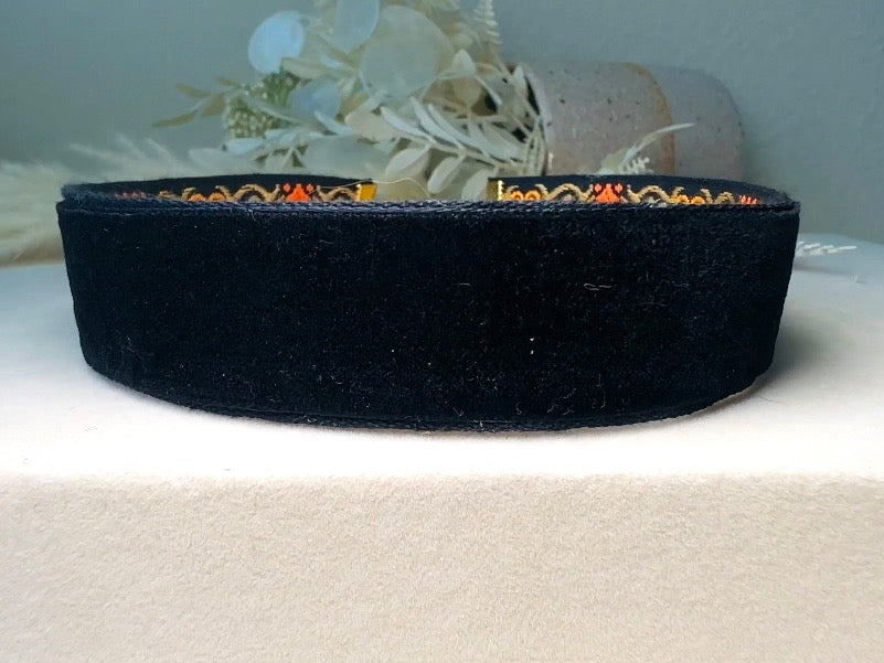 Vintage Jacquard Ribbon Choker, Handmade Black Velvet and Orange Celtic Cross Double Sided Reversible Victorian Fabric Necklace