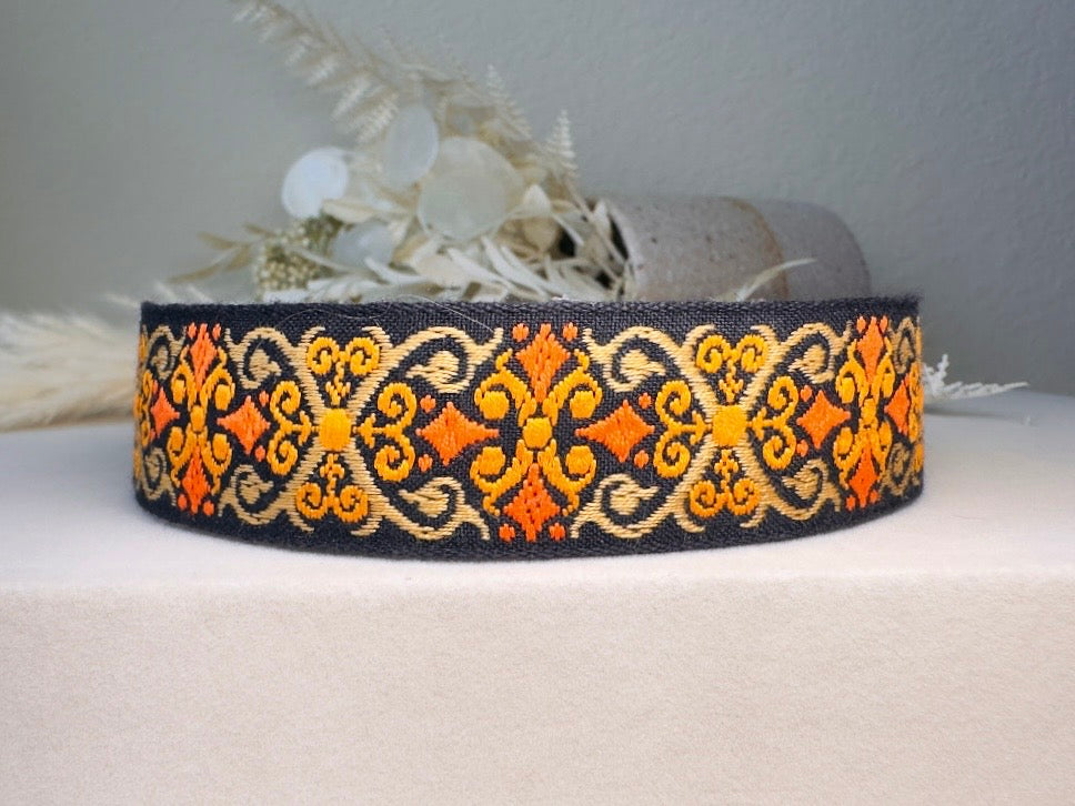 Vintage Jacquard Ribbon Choker, Handmade Black Velvet and Orange Celtic Cross Double Sided Reversible Victorian Fabric Necklace