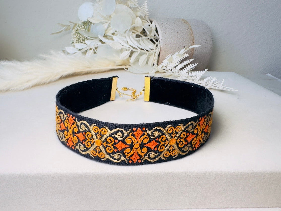 Vintage Jacquard Ribbon Choker, Handmade Black Velvet and Orange Celtic Cross Double Sided Reversible Victorian Fabric Necklace