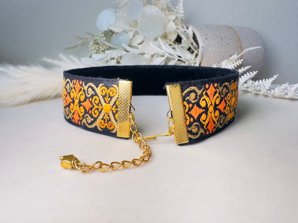 Vintage Jacquard Ribbon Choker, Handmade Black Velvet and Orange Celtic Cross Double Sided Reversible Victorian Fabric Necklace