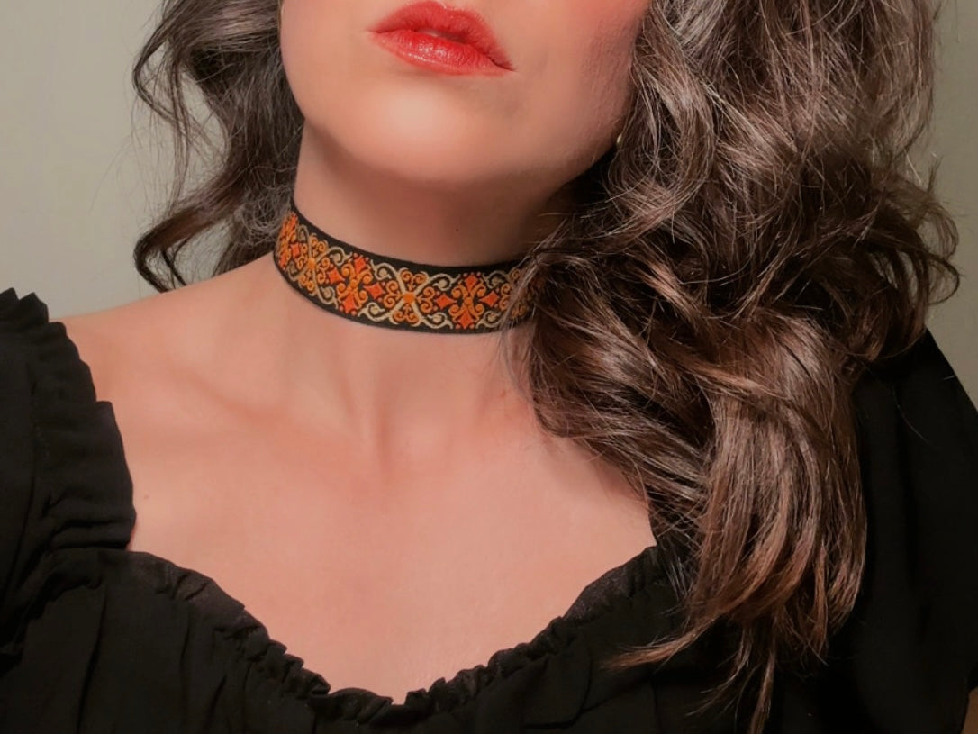 Vintage Jacquard Ribbon Choker, Handmade Black Velvet and Orange Celtic Cross Double Sided Reversible Victorian Fabric Necklace