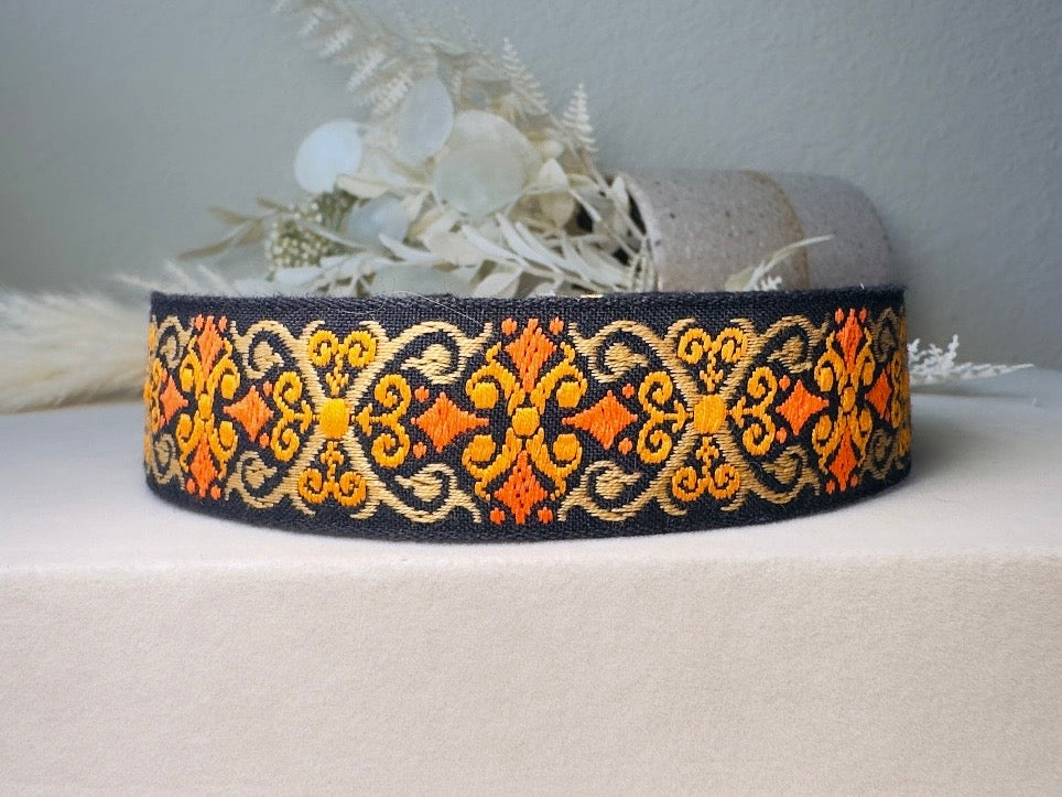 Vintage Jacquard Ribbon Choker, Handmade Black Velvet and Orange Celtic Cross Double Sided Reversible Victorian Fabric Necklace