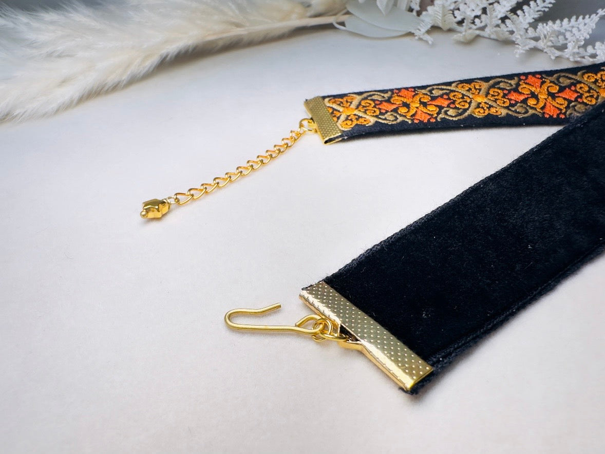 Vintage Jacquard Ribbon Choker, Handmade Black Velvet and Orange Celtic Cross Double Sided Reversible Victorian Fabric Necklace