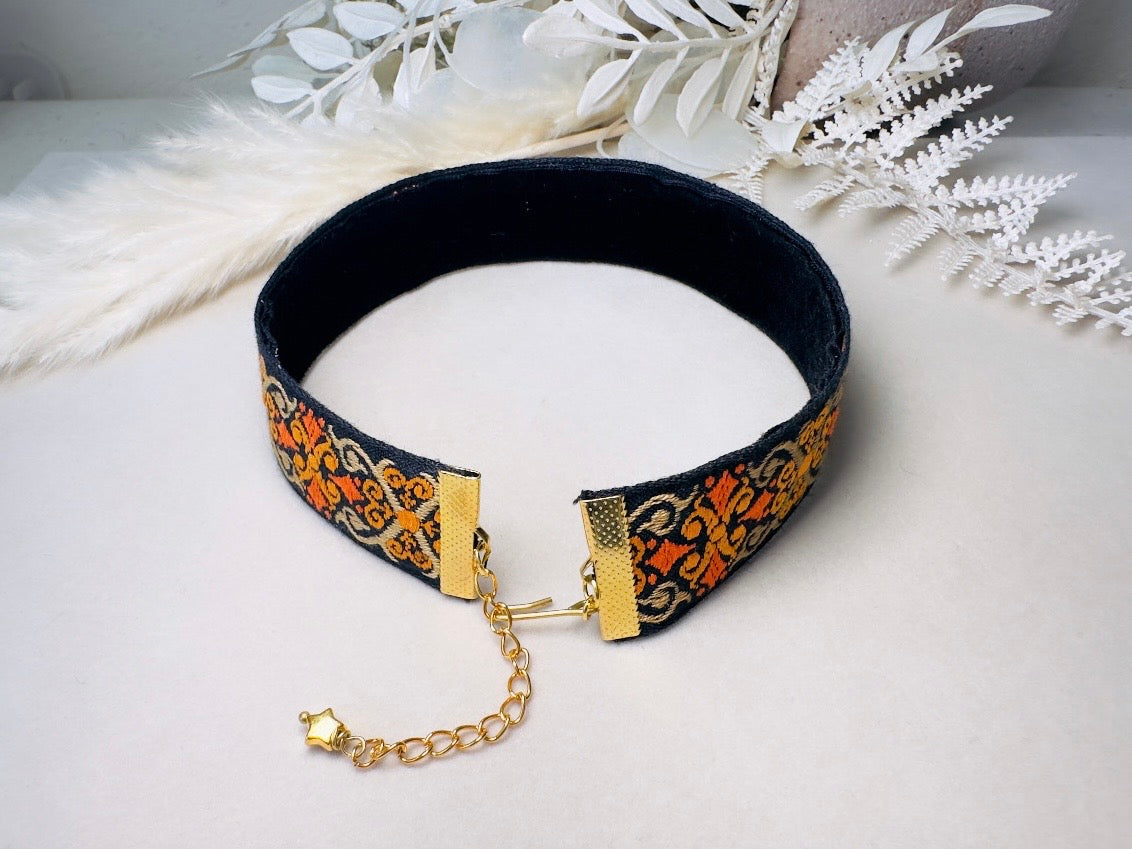 Vintage Jacquard Ribbon Choker, Handmade Black Velvet and Orange Celtic Cross Double Sided Reversible Victorian Fabric Necklace