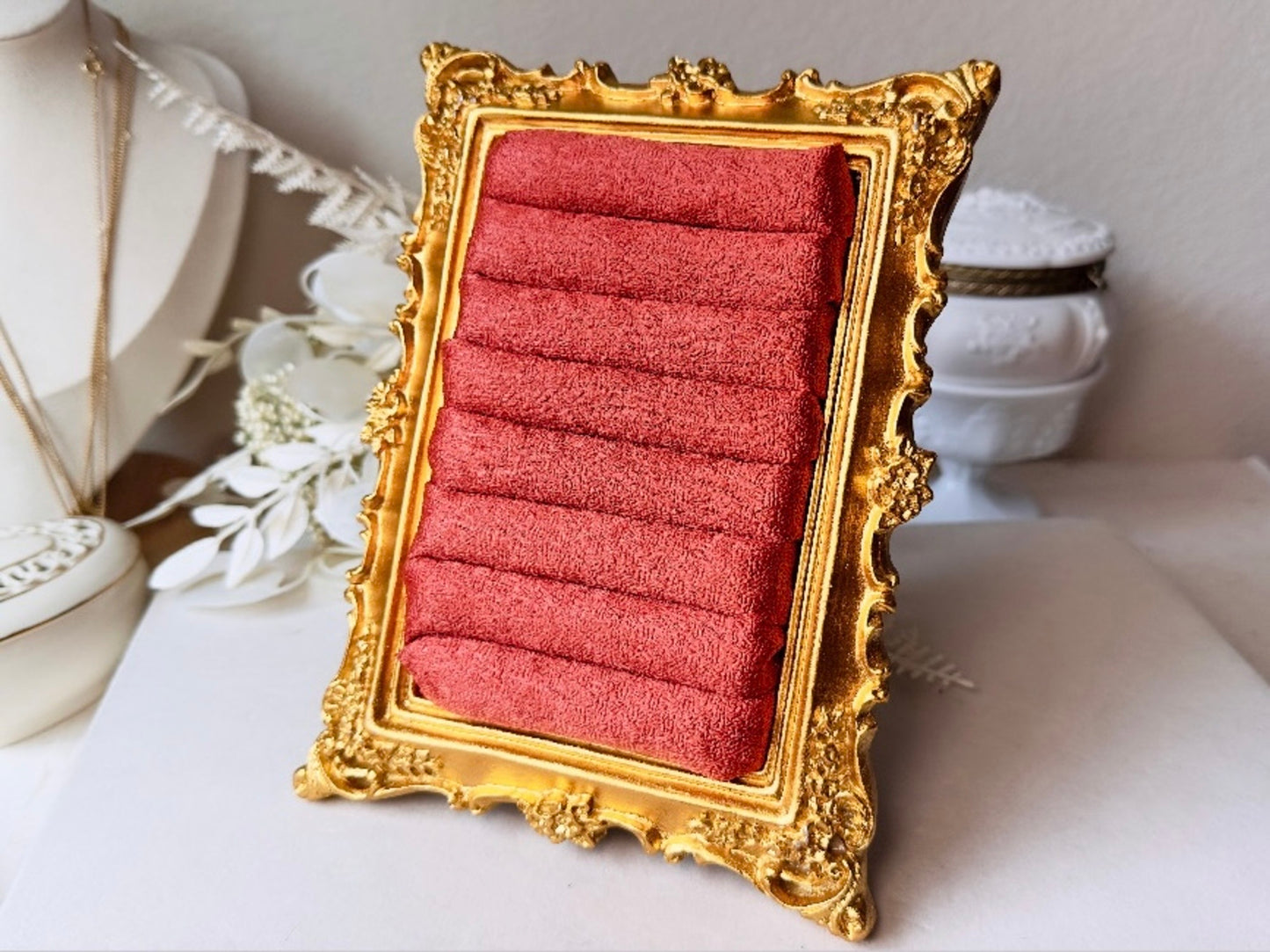 Vintage Jewelry Display Frame, Handmade Victorian Style Rust Orange and Burnished Gold Ring Holder