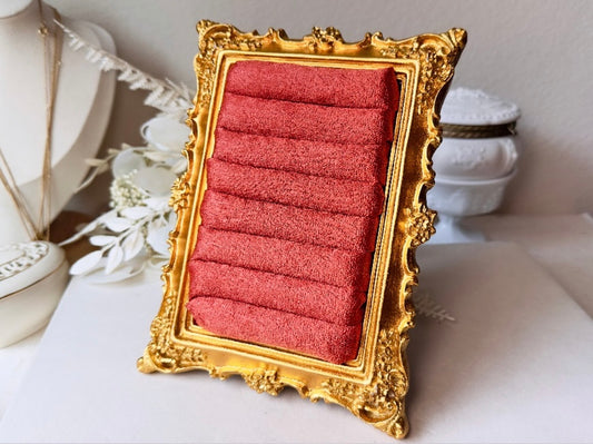 Vintage Jewelry Display Frame, Handmade Victorian Style Rust Orange and Burnished Gold Ring Holder