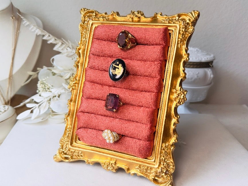 Vintage Jewelry Display Frame, Handmade Victorian Style Rust Orange and Burnished Gold Ring Holder