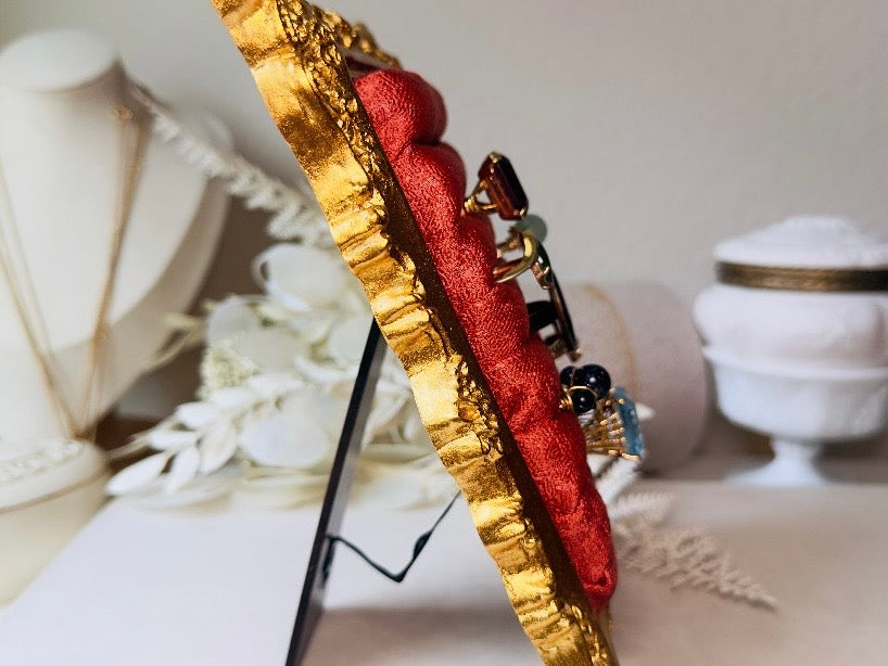 Vintage Jewelry Display Frame, Handmade Victorian Style Rust Orange and Burnished Gold Ring Holder