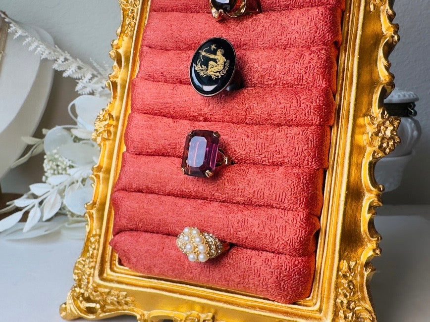 Vintage Jewelry Display Frame, Handmade Victorian Style Rust Orange and Burnished Gold Ring Holder