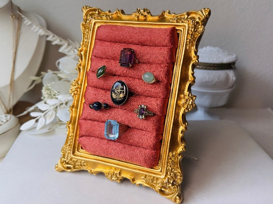 Vintage Jewelry Display Frame, Handmade Victorian Style Rust Orange and Burnished Gold Ring Holder