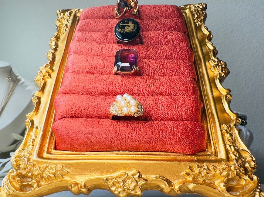 Vintage Jewelry Display Frame, Handmade Victorian Style Rust Orange and Burnished Gold Ring Holder