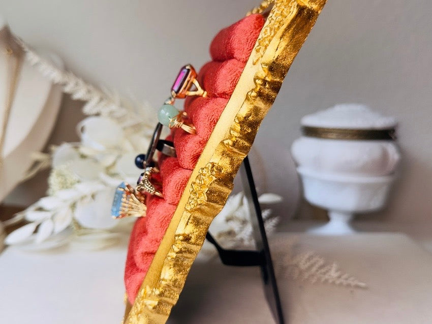 Vintage Jewelry Display Frame, Handmade Victorian Style Rust Orange and Burnished Gold Ring Holder