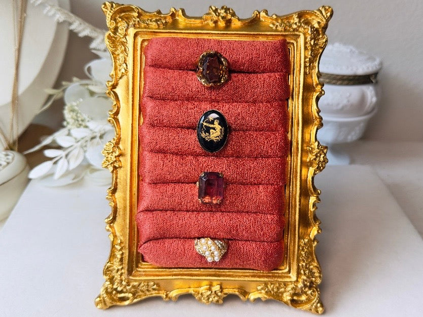 Vintage Jewelry Display Frame, Handmade Victorian Style Rust Orange and Burnished Gold Ring Holder