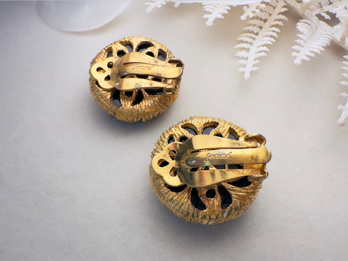 Vintage Jonne House of Schrager Clip On Earrings, Black and Gold Collectible Vintage Jewelry, 1950s Clip On Cocktail Earrings