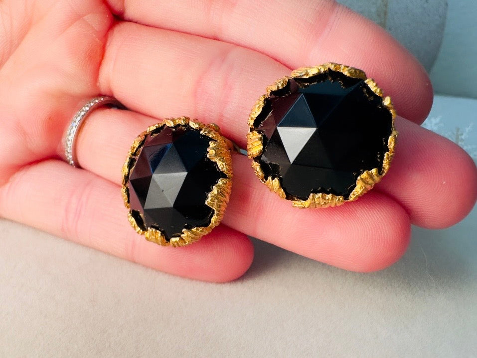 Vintage Jonne House of Schrager Clip On Earrings, Black and Gold Collectible Vintage Jewelry, 1950s Clip On Cocktail Earrings