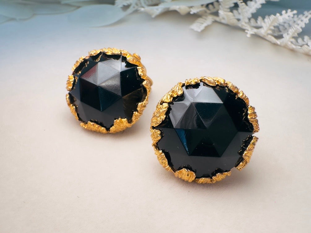 Vintage Jonne House of Schrager Clip On Earrings, Black and Gold Collectible Vintage Jewelry, 1950s Clip On Cocktail Earrings