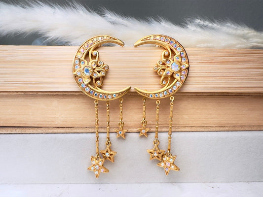 Vintage Kirks Folly Celestial Earrings, Gold Crescent Moon and Star Fantasy Dangle Earrings with Aurora Borealis Crystals