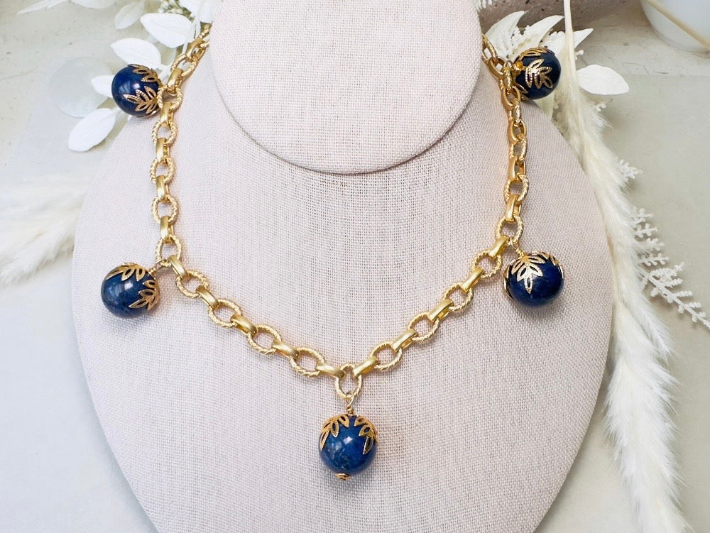 Vintage Lapis Lazuli Necklace, Gold Cable Chain Necklace with Blue Gemstone Drops and Gold Leaf Filigree