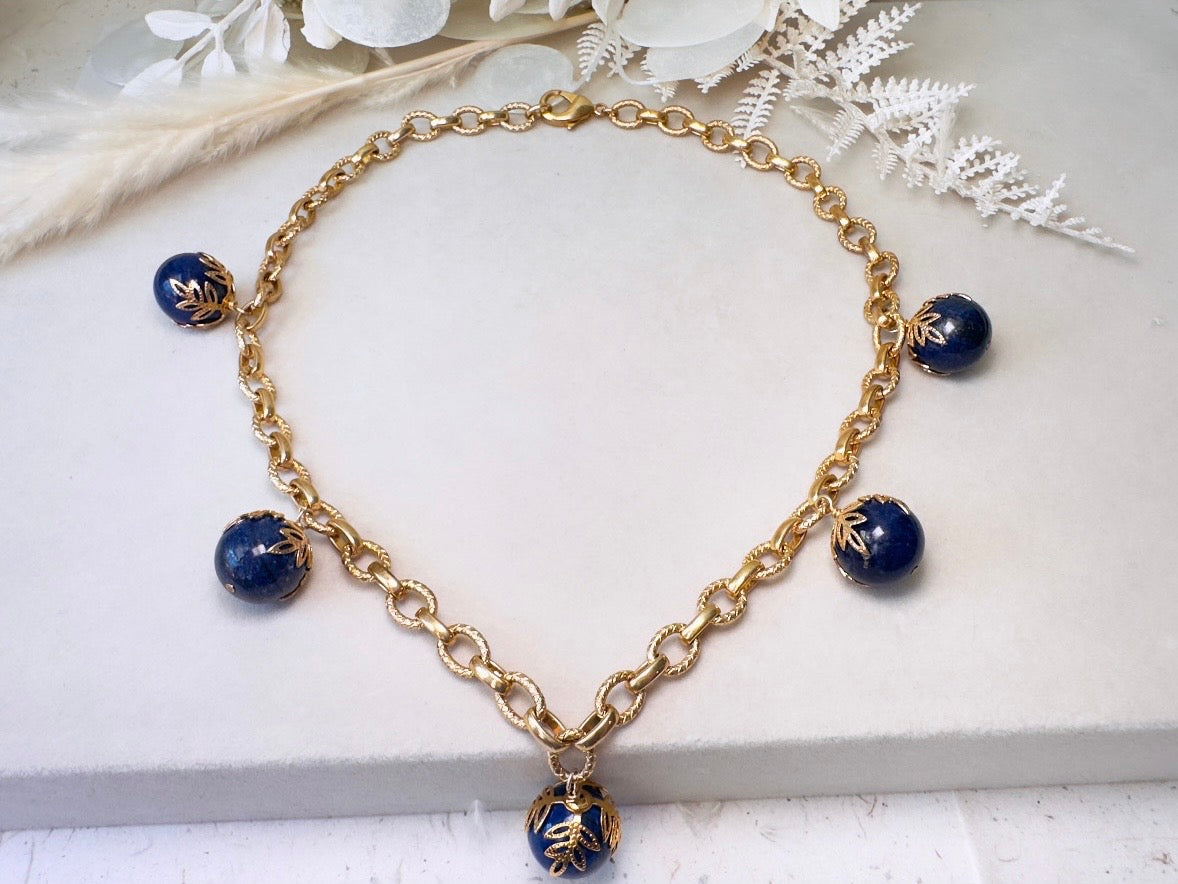 Vintage Lapis Lazuli Necklace, Gold Cable Chain Necklace with Blue Gemstone Drops and Gold Leaf Filigree
