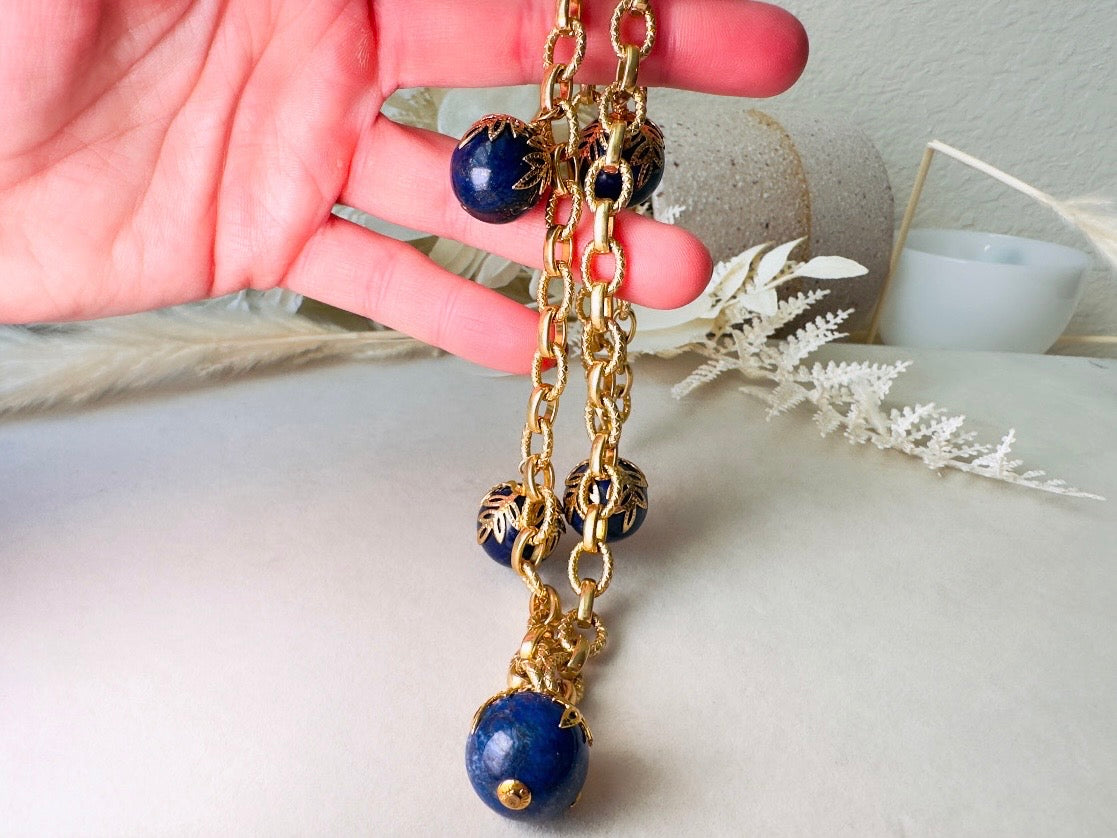 Vintage Lapis Lazuli Necklace, Gold Cable Chain Necklace with Blue Gemstone Drops and Gold Leaf Filigree