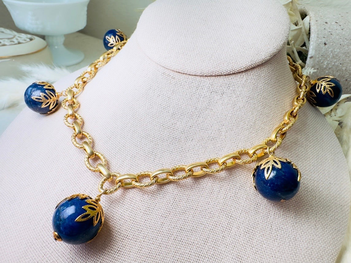 Vintage Lapis Lazuli Necklace, Gold Cable Chain Necklace with Blue Gemstone Drops and Gold Leaf Filigree