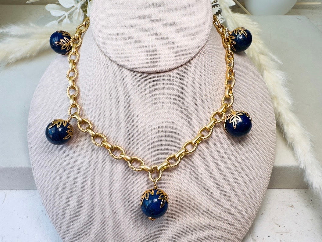 Vintage Lapis Lazuli Necklace, Gold Cable Chain Necklace with Blue Gemstone Drops and Gold Leaf Filigree