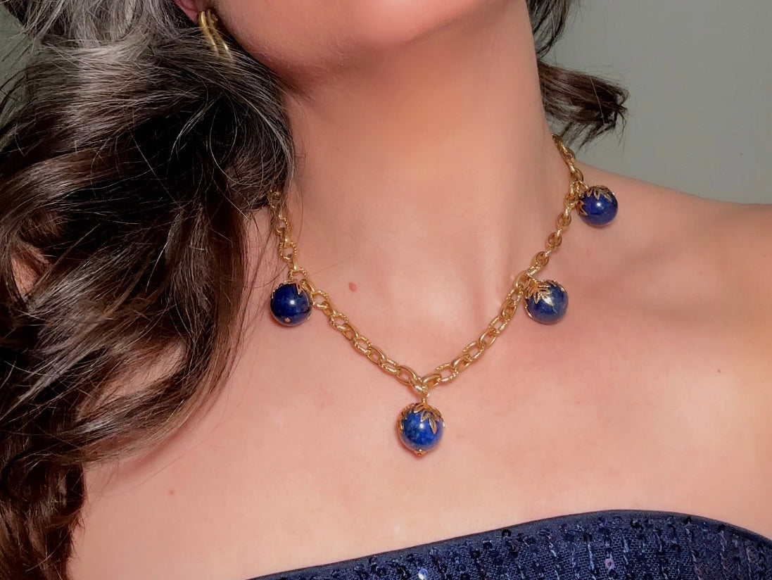 Vintage Lapis Lazuli Necklace, Gold Cable Chain Necklace with Blue Gemstone Drops and Gold Leaf Filigree