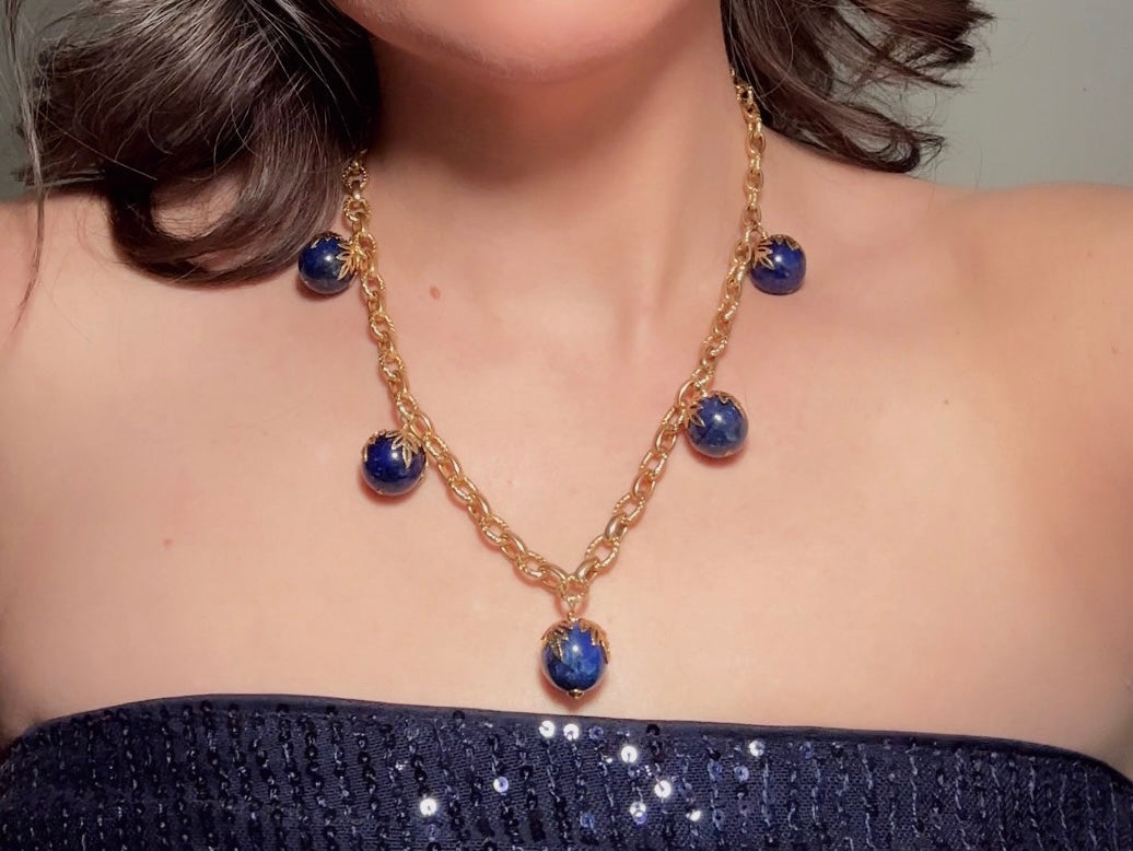 Vintage Lapis Lazuli Necklace, Gold Cable Chain Necklace with Blue Gemstone Drops and Gold Leaf Filigree
