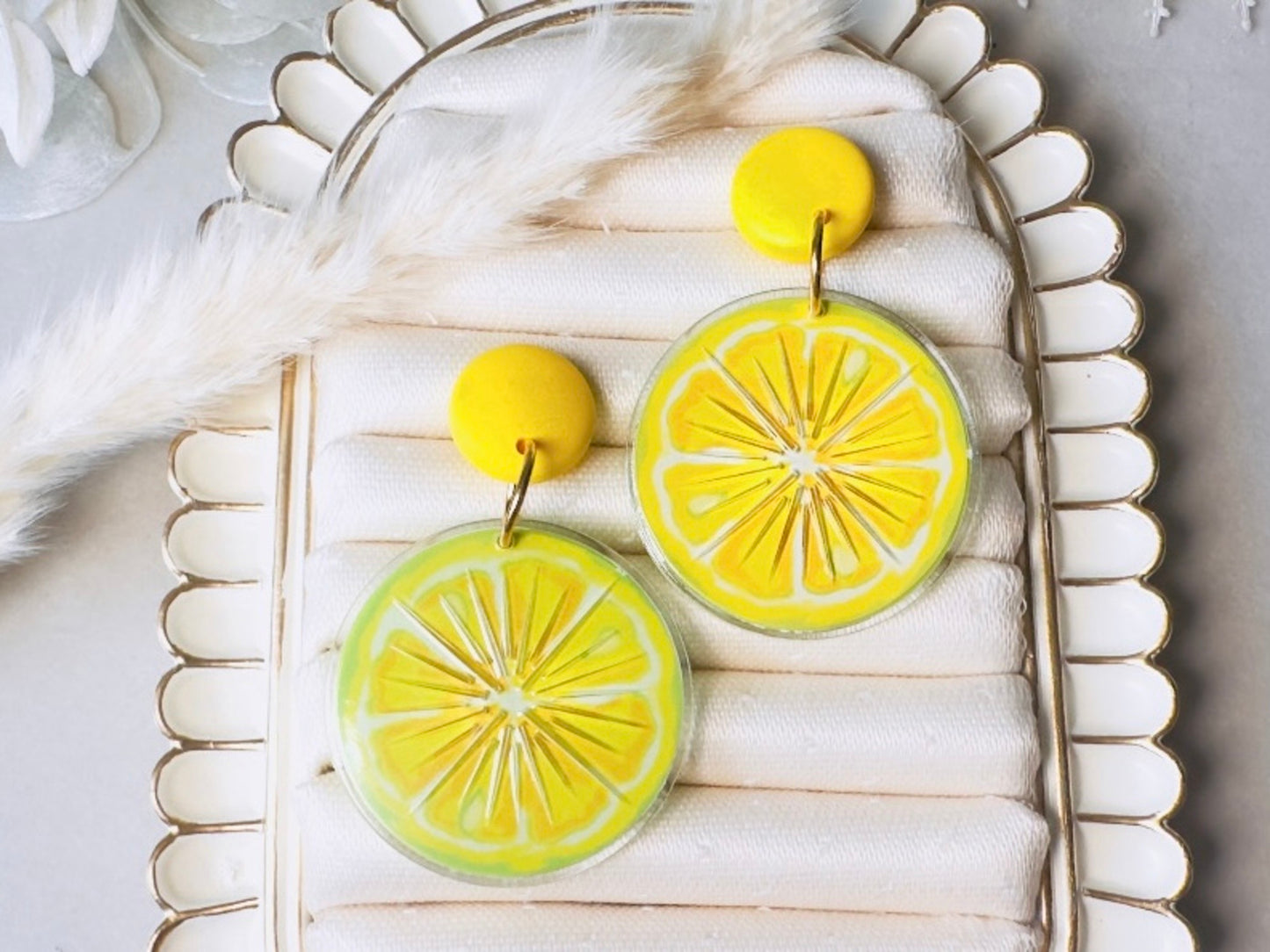 Vintage Lemon Earrings, Bright Yellow Lemon Slice Earrings, Retro 90s Fun Acrylic Summer Earrings