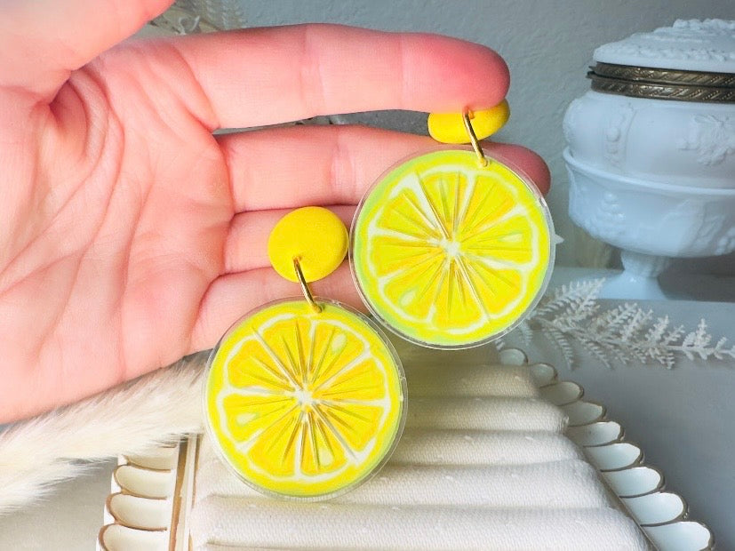 Vintage Lemon Earrings, Bright Yellow Lemon Slice Earrings, Retro 90s Fun Acrylic Summer Earrings