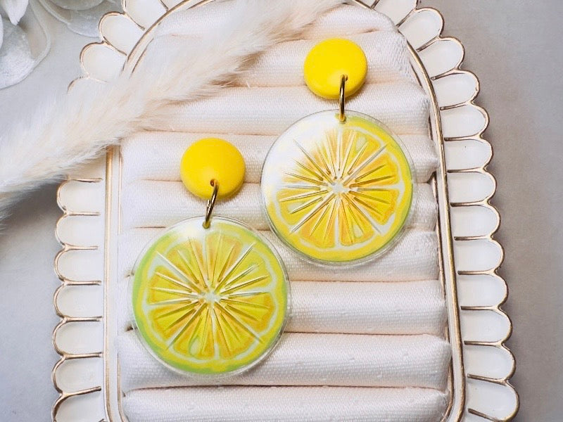 Vintage Lemon Earrings, Bright Yellow Lemon Slice Earrings, Retro 90s Fun Acrylic Summer Earrings