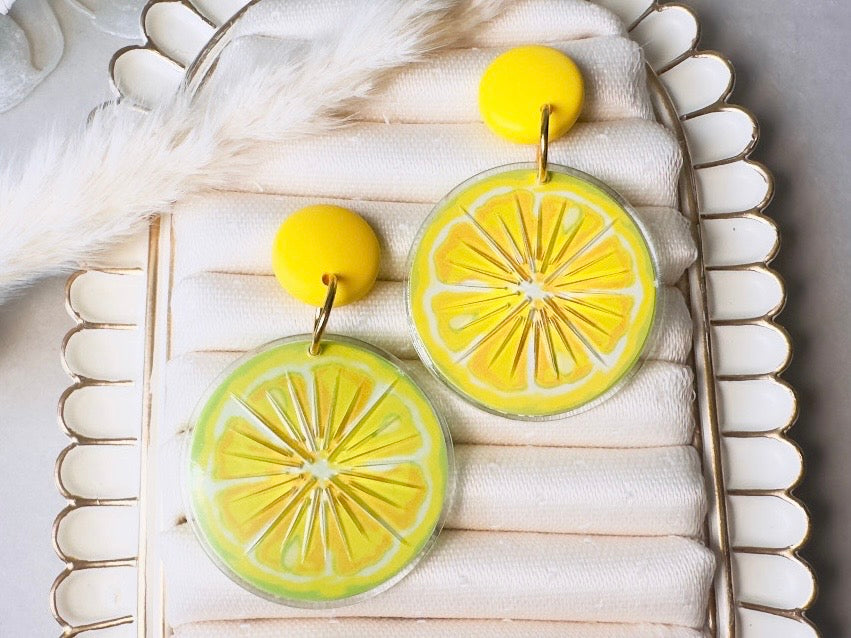 Vintage Lemon Earrings, Bright Yellow Lemon Slice Earrings, Retro 90s Fun Acrylic Summer Earrings
