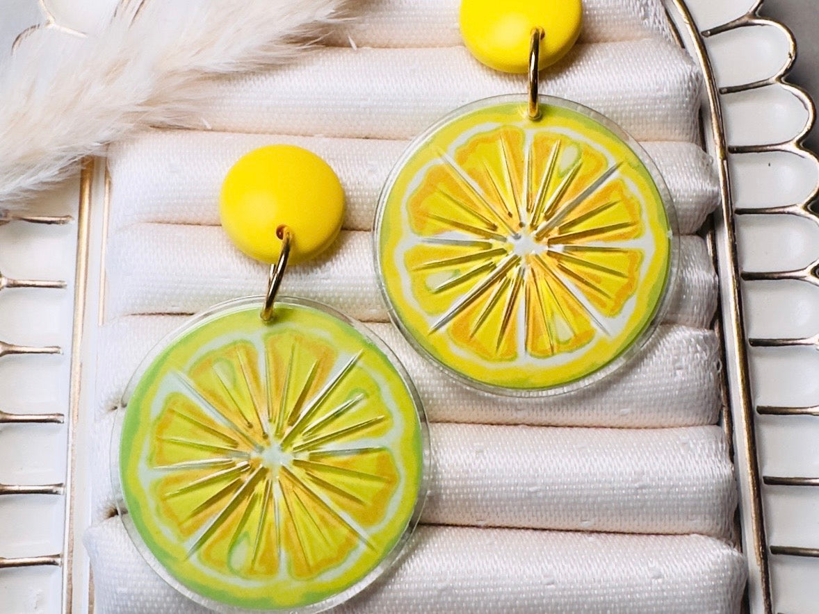 Vintage Lemon Earrings, Bright Yellow Lemon Slice Earrings, Retro 90s Fun Acrylic Summer Earrings