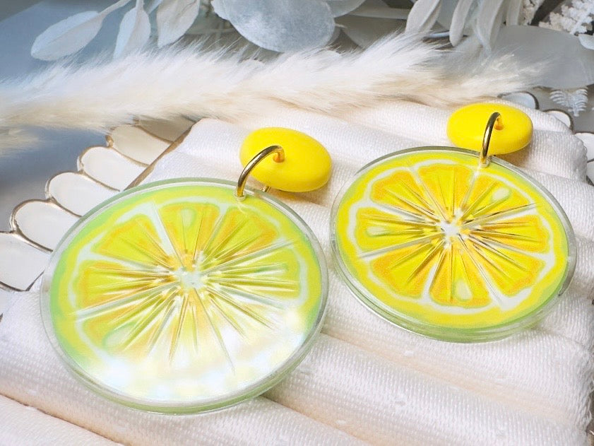 Vintage Lemon Earrings, Bright Yellow Lemon Slice Earrings, Retro 90s Fun Acrylic Summer Earrings