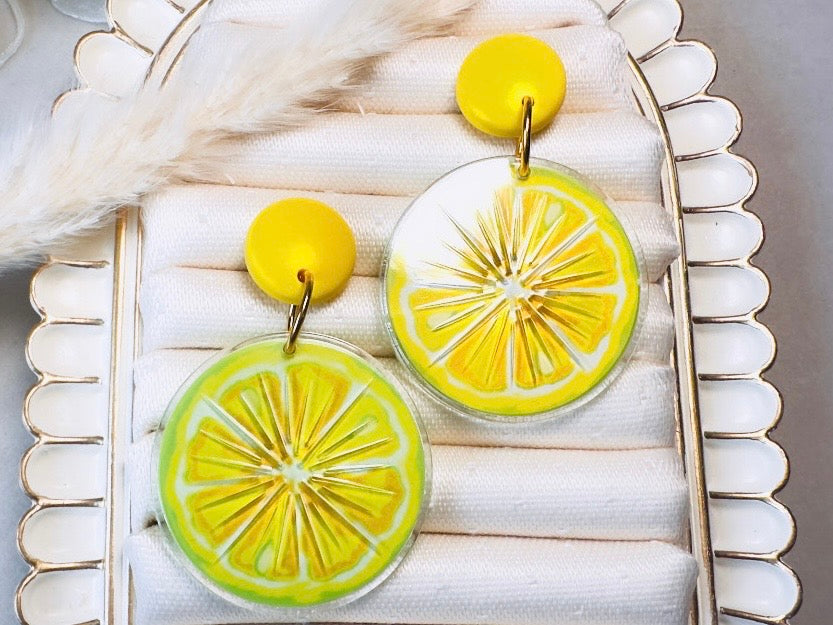 Vintage Lemon Earrings, Bright Yellow Lemon Slice Earrings, Retro 90s Fun Acrylic Summer Earrings