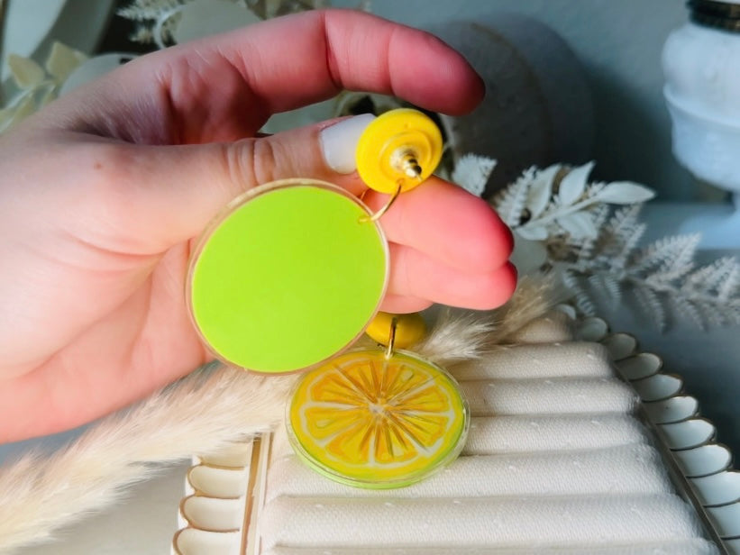 Vintage Lemon Earrings, Bright Yellow Lemon Slice Earrings, Retro 90s Fun Acrylic Summer Earrings