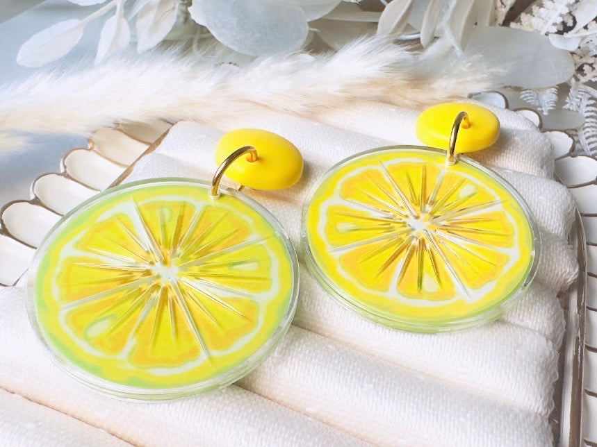 Vintage Lemon Earrings, Bright Yellow Lemon Slice Earrings, Retro 90s Fun Acrylic Summer Earrings