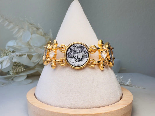 Vintage Link Bracelet by Premier Designs with Pegasus and Angel Cameos, Gold and Silver Intaglio Bracelet 