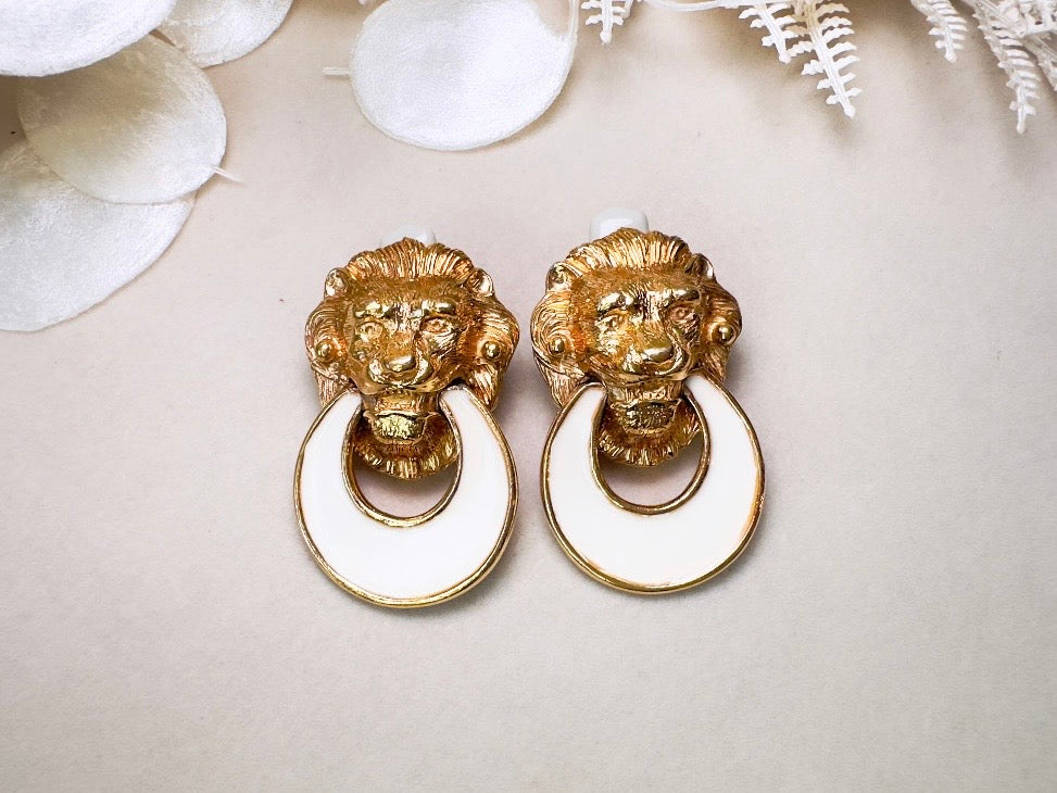 Vintage Lion Earrings, Huge Designer Vintage Gold Lion Door Knocker 1980s Earrings, Signed David Hill Cream Enamel Lion Clip On Earrings