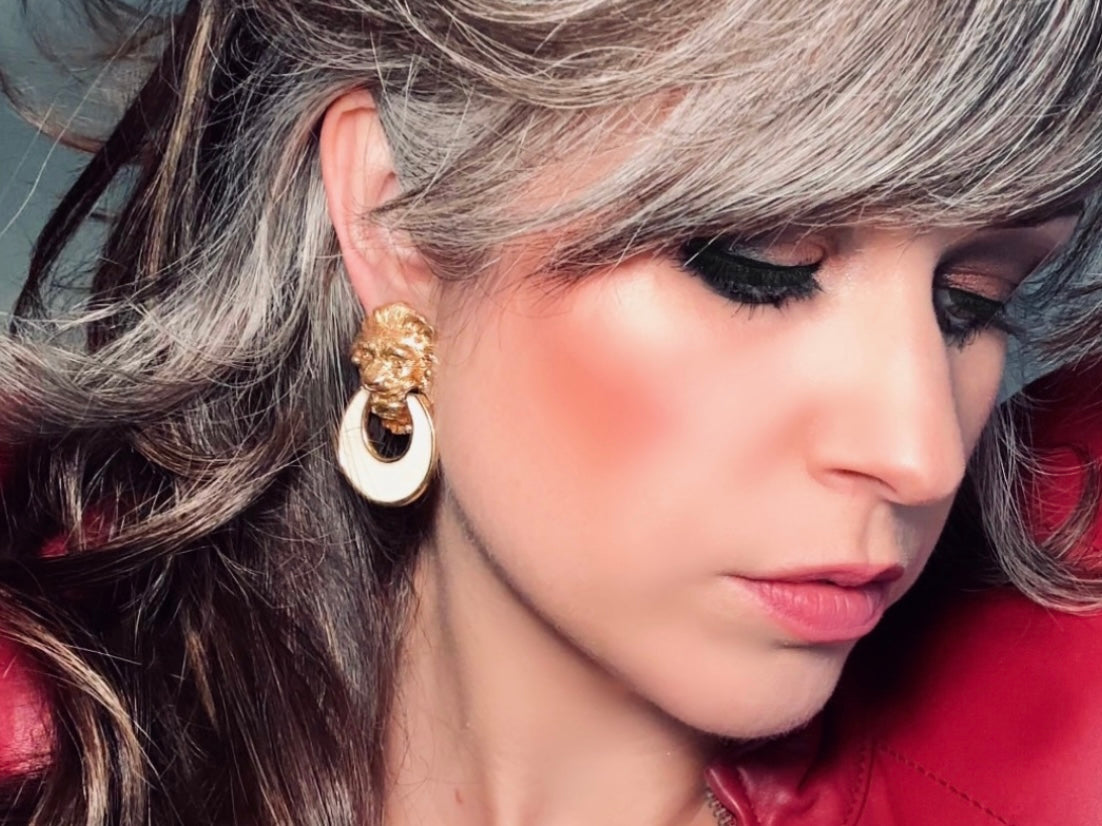 Vintage Lion Earrings, Huge Designer Vintage Gold Lion Door Knocker 1980s Earrings, Signed David Hill Cream Enamel Lion Clip On Earrings