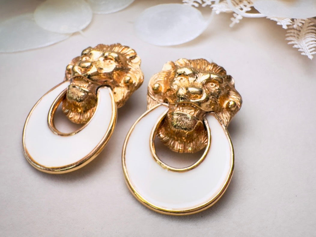 Vintage Lion Earrings, Huge Designer Vintage Gold Lion Door Knocker 1980s Earrings, Signed David Hill Cream Enamel Lion Clip On Earrings
