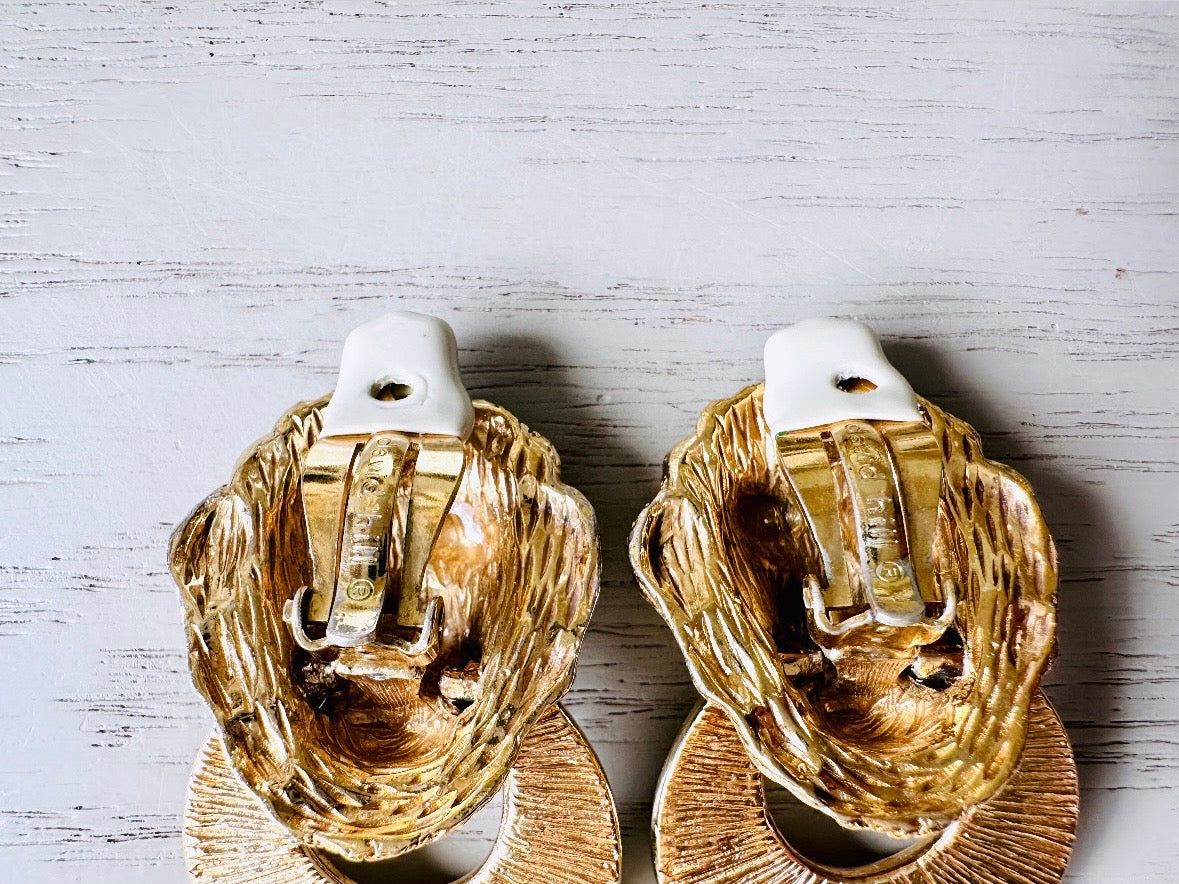 Vintage Lion Earrings, Huge Designer Vintage Gold Lion Door Knocker 1980s Earrings, Signed David Hill Cream Enamel Lion Clip On Earrings