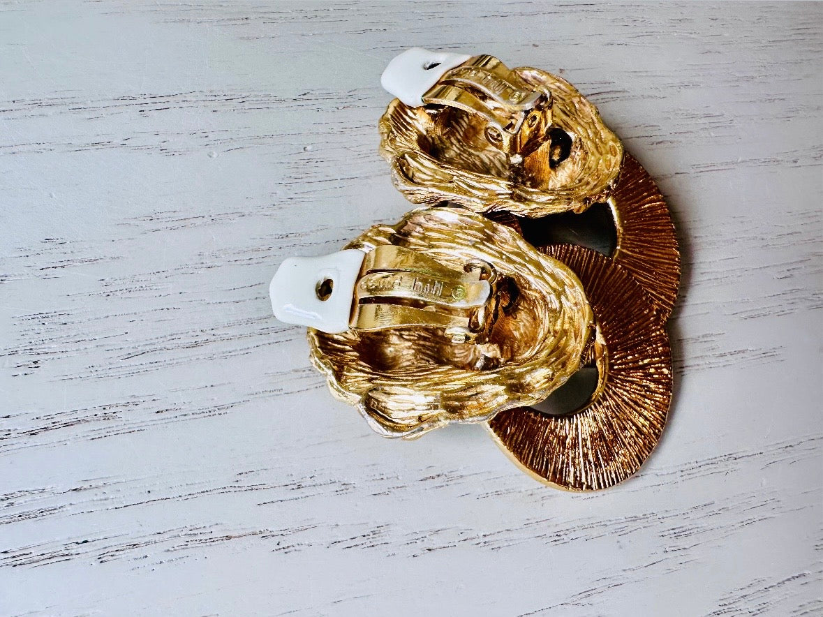 Vintage Lion Earrings, Huge Designer Vintage Gold Lion Door Knocker 1980s Earrings, Signed David Hill Cream Enamel Lion Clip On Earrings
